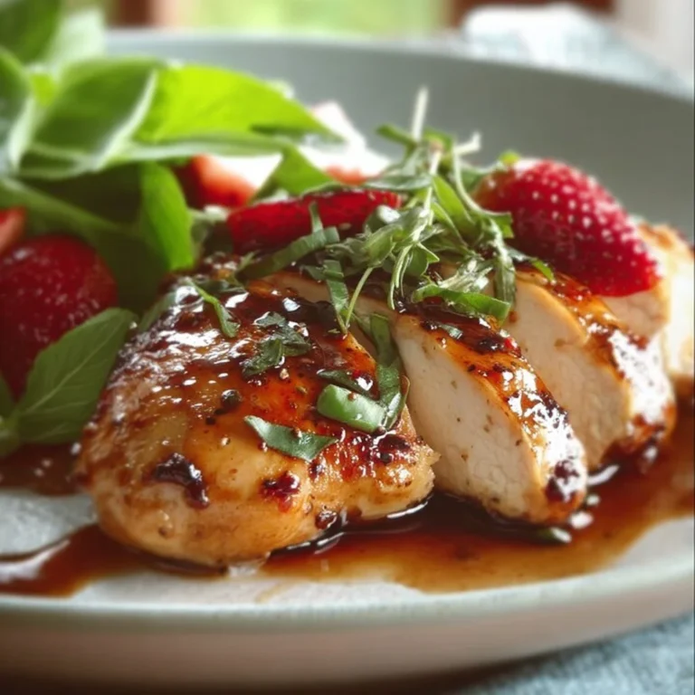Delicious strawberry chicken dish garnished with fresh strawberries.