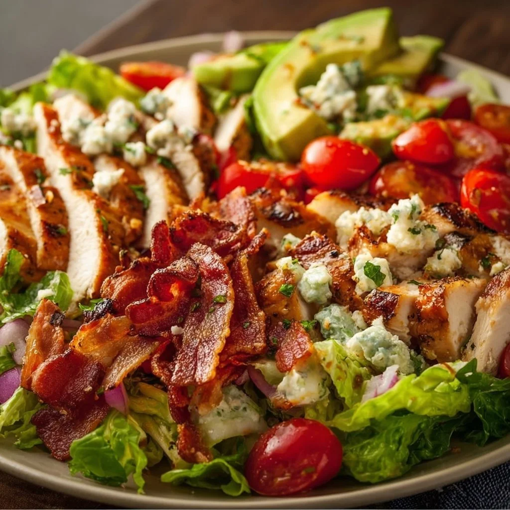 Bowl of savory BLT chicken salad with lettuce, bacon, chicken, and tomatoes