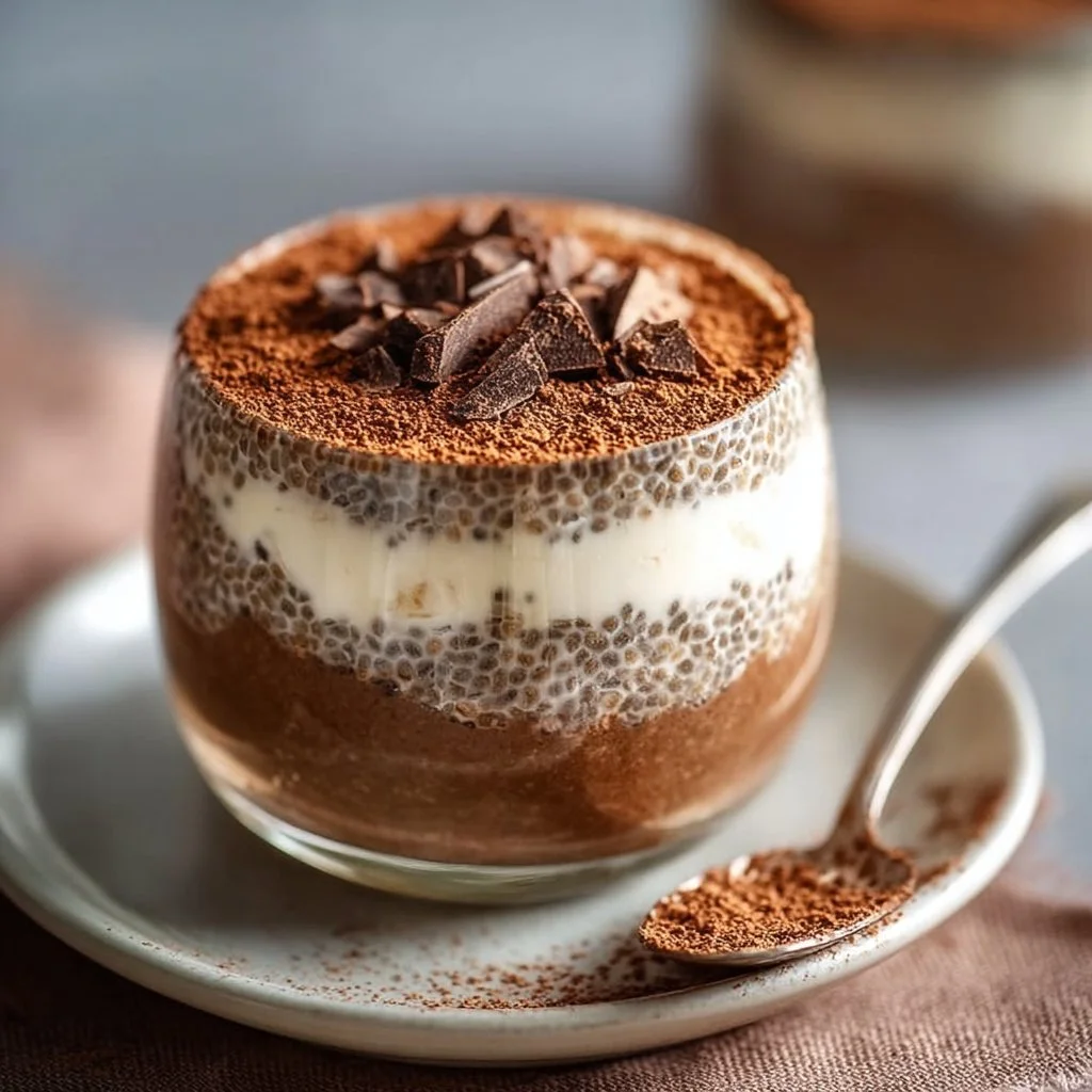 Delicious Tiramisu Chia Pudding topped with cocoa and coffee flavors