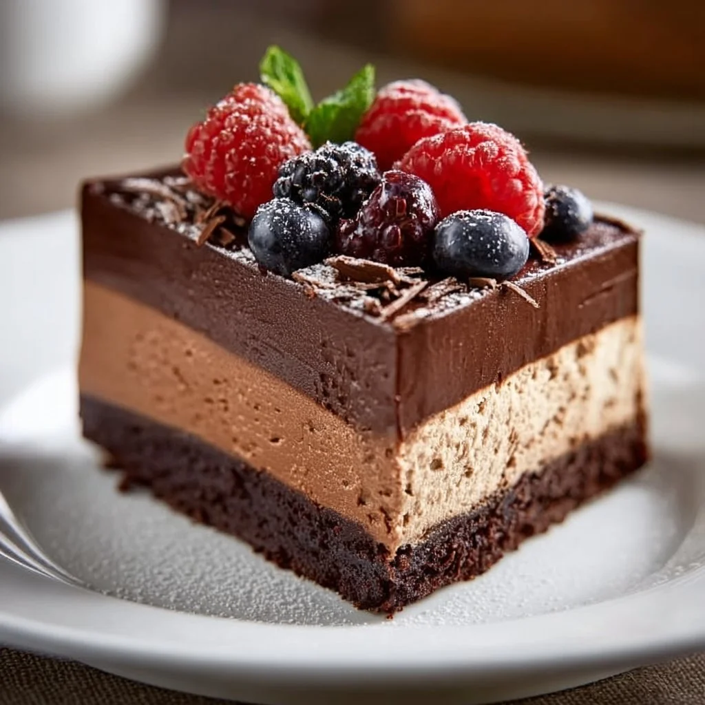 Slice of Triple Chocolate Mousse Torte garnished with chocolate shavings