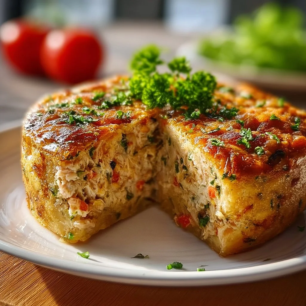 Homemade Tuna Savoury Cake served on a plate with fresh herbs