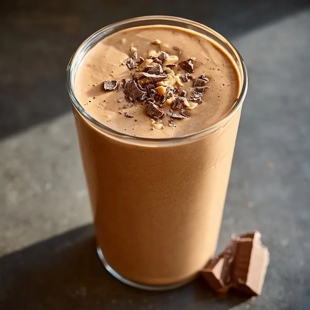 Vegan chocolate peanut butter protein shake in a glass with a straw