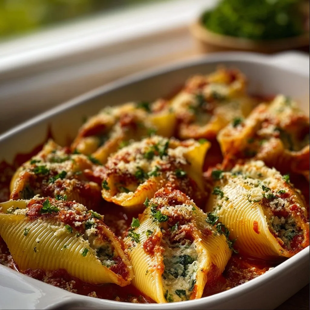 Delicious vegan stuffed shells filled with creamy ricotta and herbs