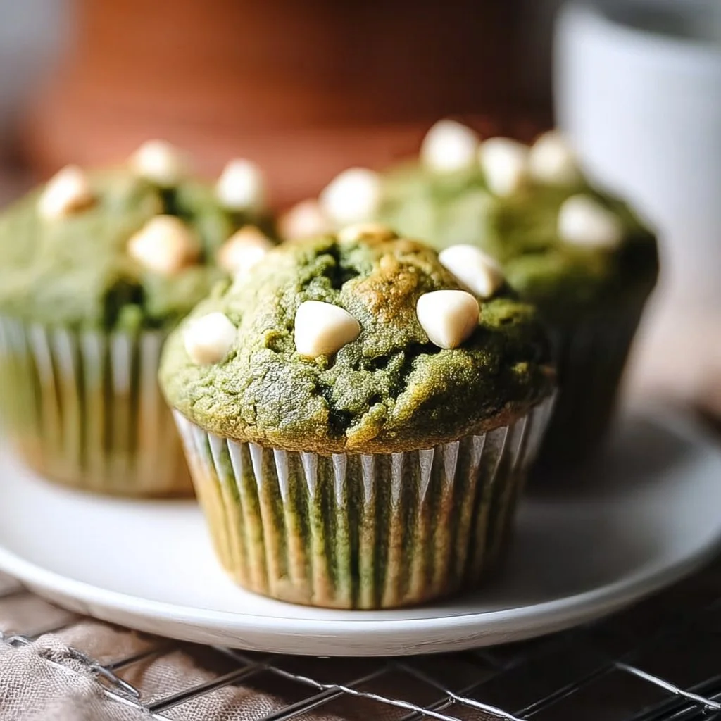 Delicious white chocolate matcha muffins with a green tea twist