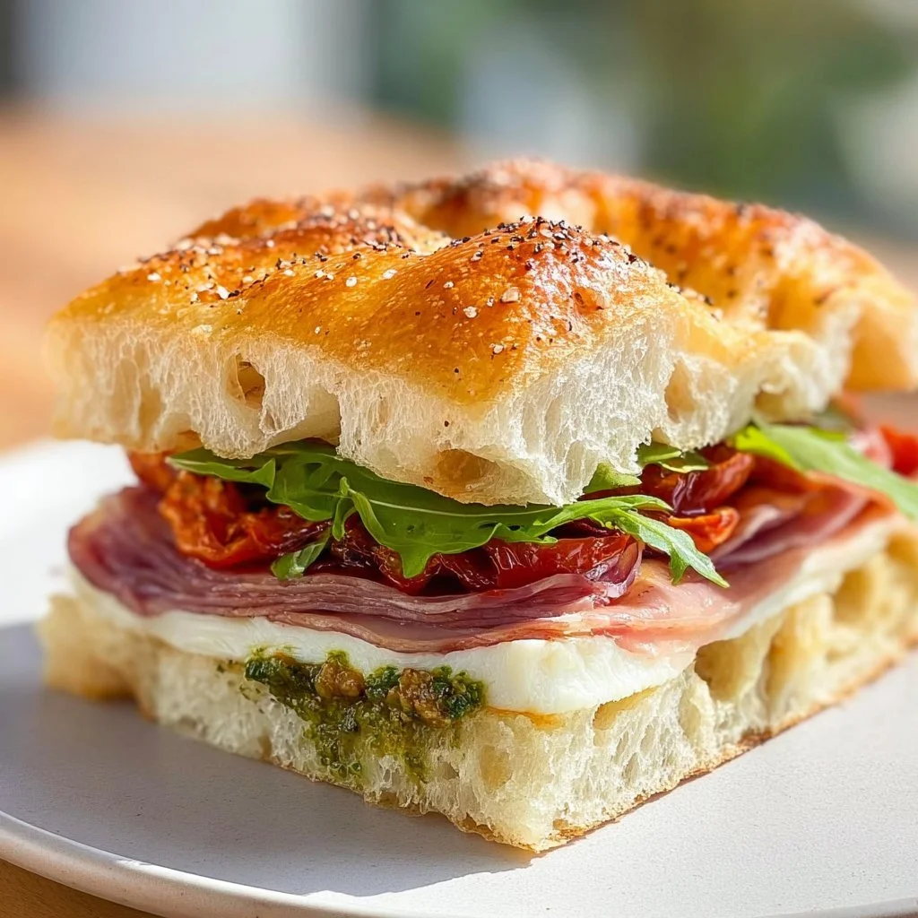 Delicious Italian focaccia sandwich served on a plate with fresh ingredients