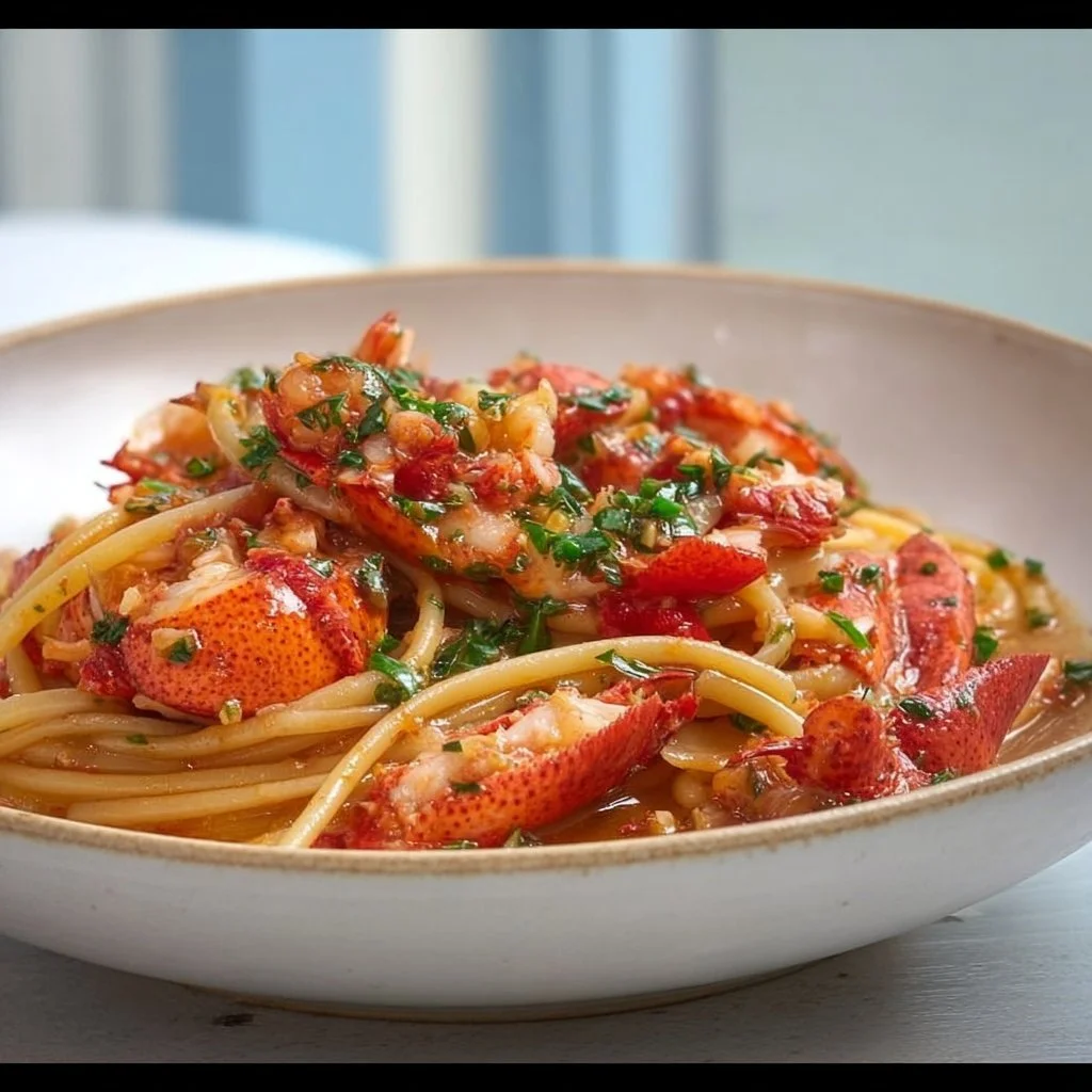 Plate of Lobster Fra Diavolo with pasta and spicy tomato sauce