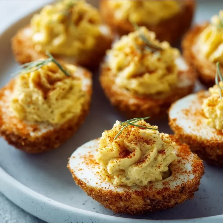 Air fryer deviled eggs garnished with herbs on a plate