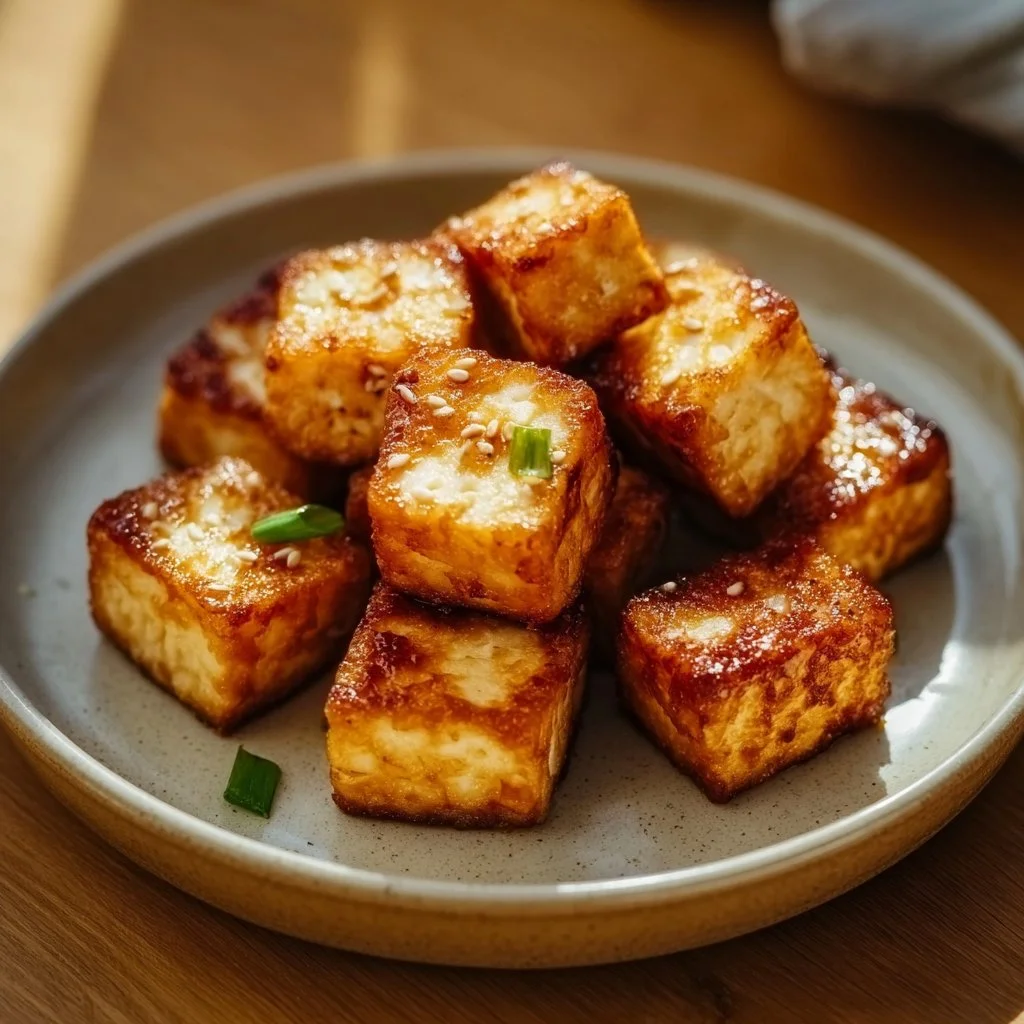 Crispy air fryer tofu served with vegetables and a dipping sauce.