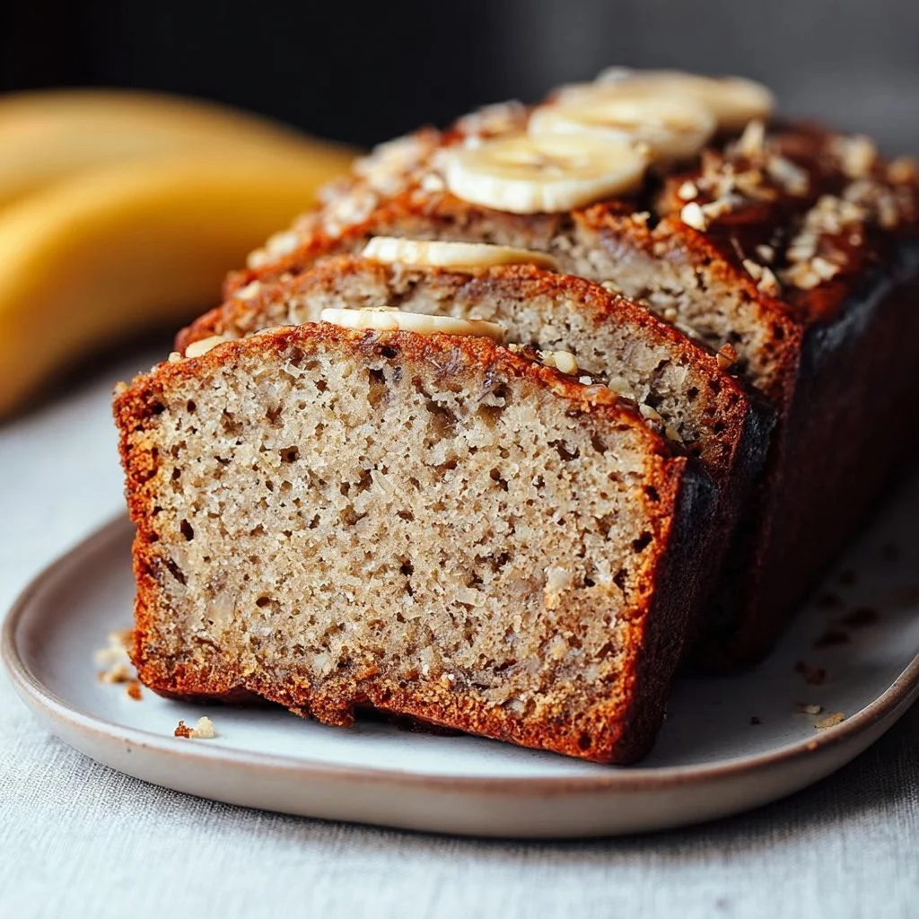 Delicious sliced almond flour banana bread on a wooden table