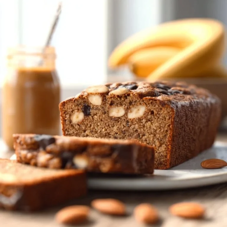 Slice of almond flour banana bread on a wooden table with bananas