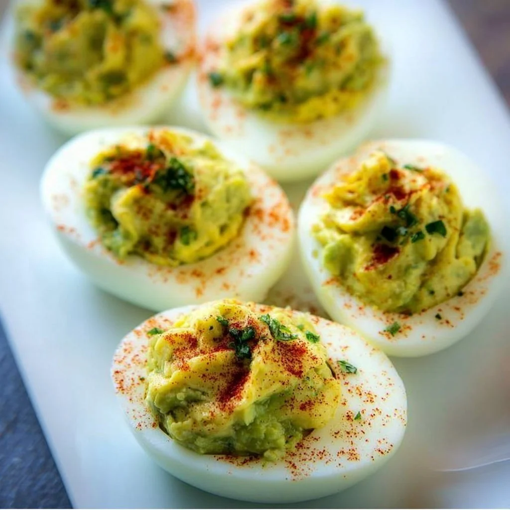 Plate of avocado deviled eggs garnished with herbs and spices.