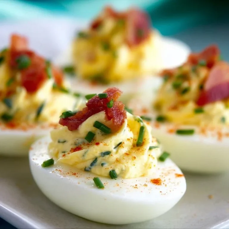 Bacon Cream Cheese Deviled Eggs garnished with herbs on a plate