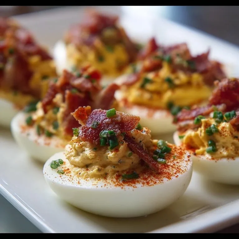 Delicious Bacon Deviled Eggs topped with crispy bacon bits