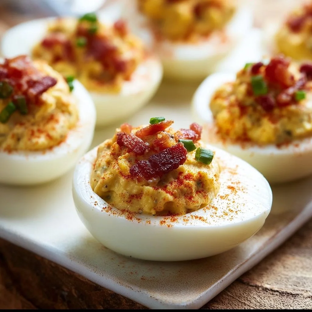 Delicious Bacon Deviled Eggs topped with crispy bacon bits