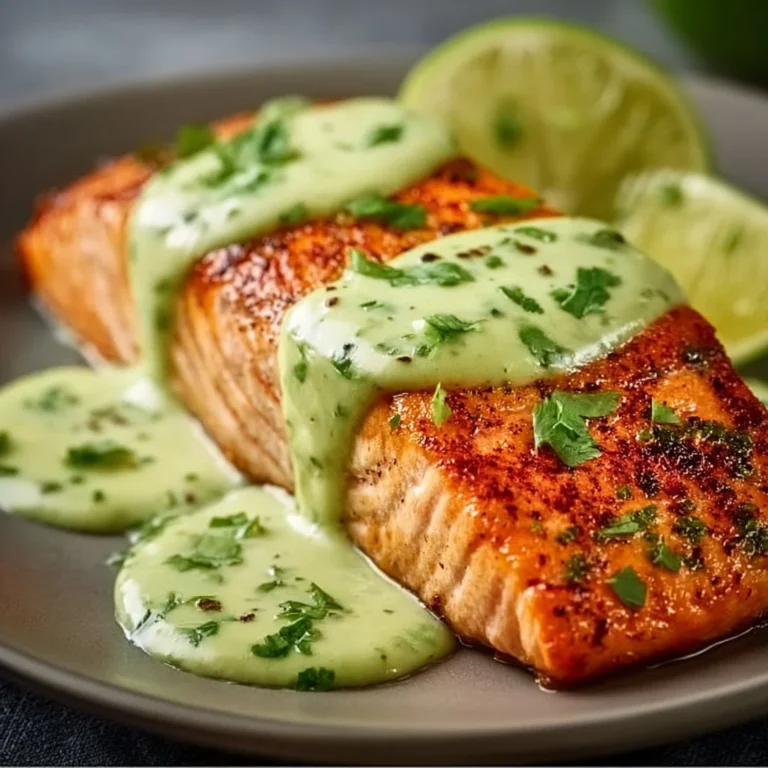 Baked Cajun Salmon with creamy avocado lime sauce garnished on a plate