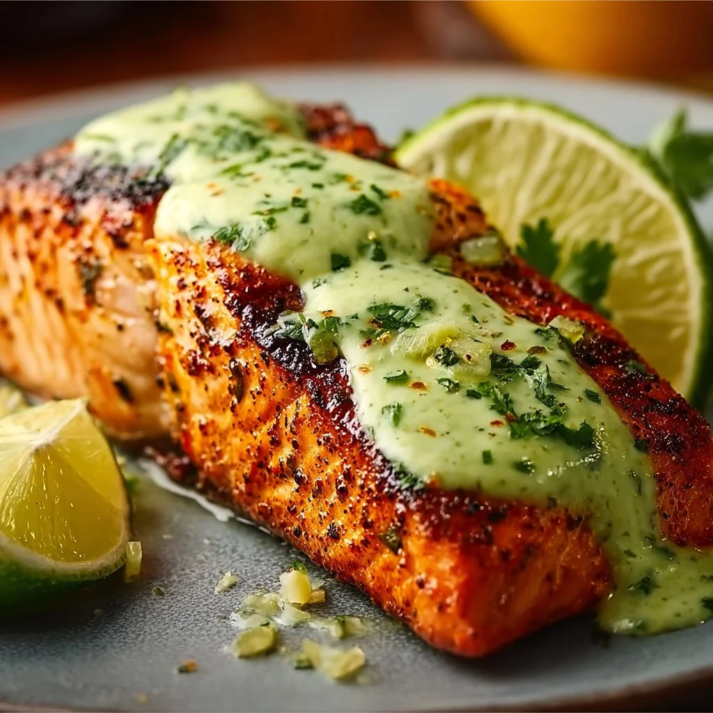Baked Cajun Salmon with Creamy Avocado Lime Sauce