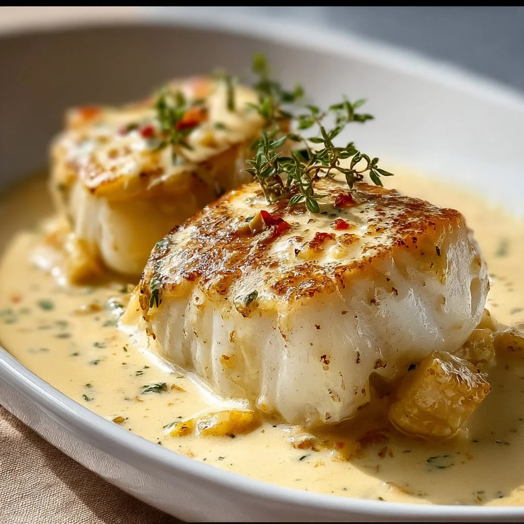 Baked cod fillet served in coconut lemon cream sauce on a plate.