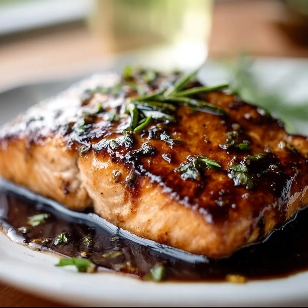 Balsamic glazed salmon fillet drizzled with sauce and garnished with herbs.