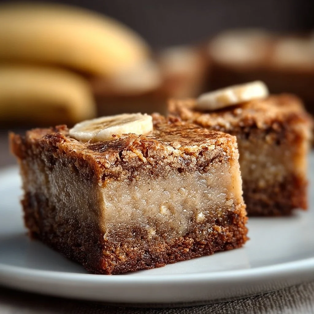 Delicious homemade banana bread brownies sliced on a wooden cutting board.