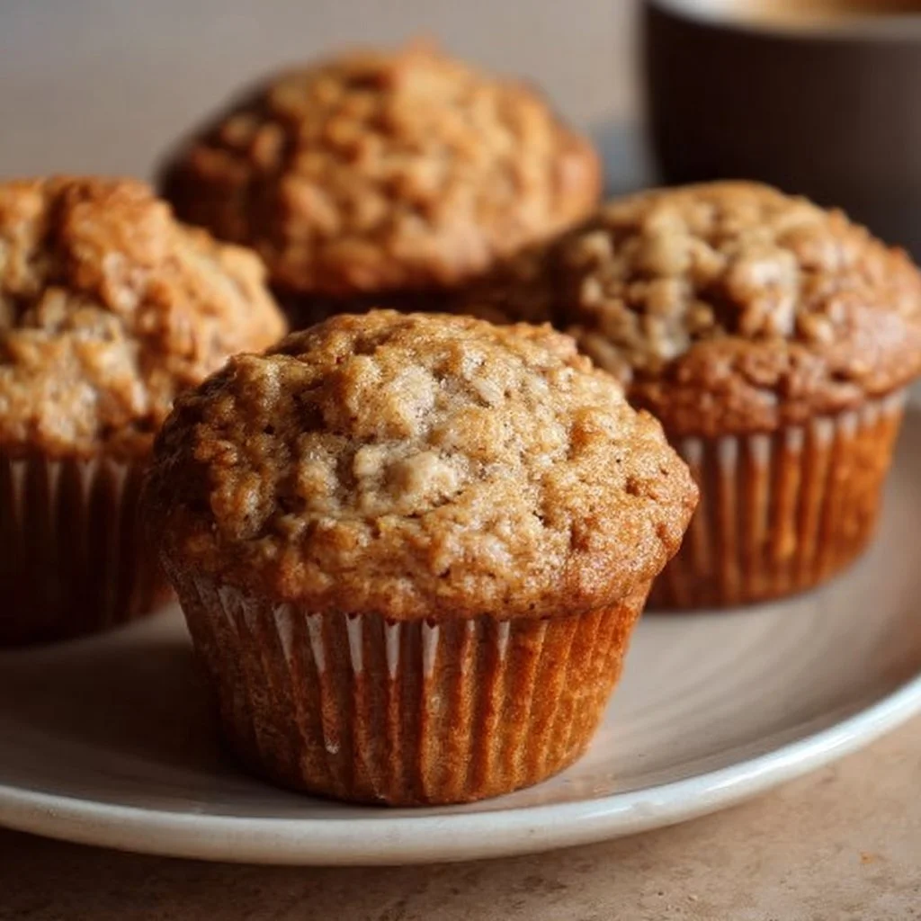 Freshly baked banana bread muffins on a wooden table