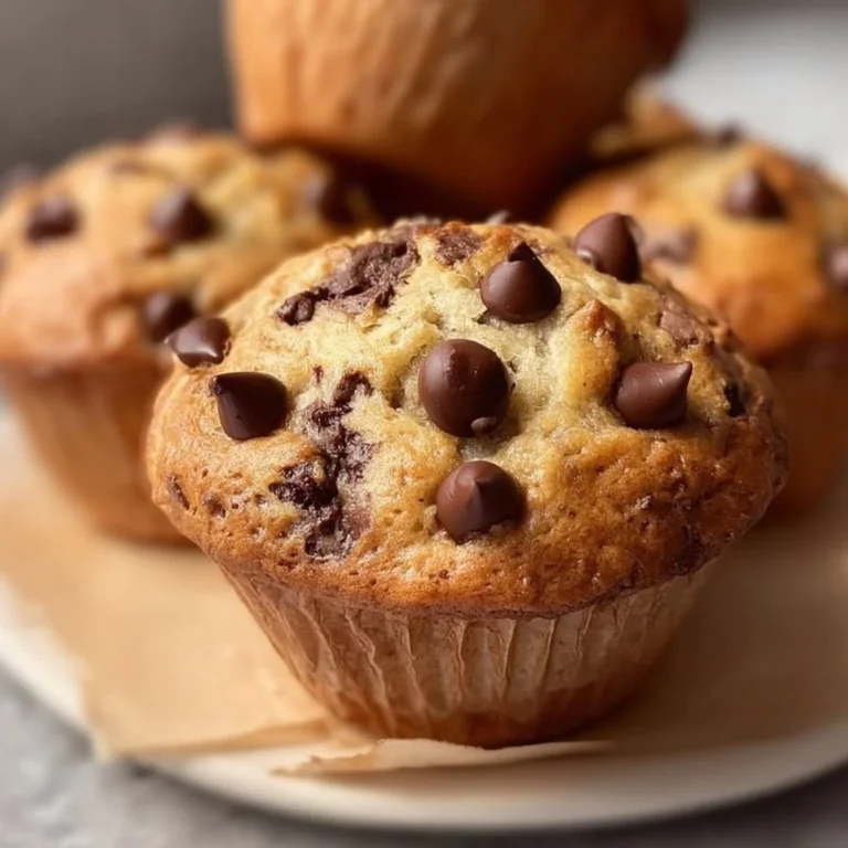 Delicious banana bread muffins with chocolate chips topped on a wooden table