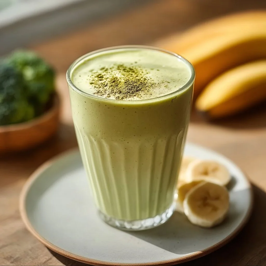 Delicious Banana Matcha Smoothie in a glass with fresh bananas and matcha powder
