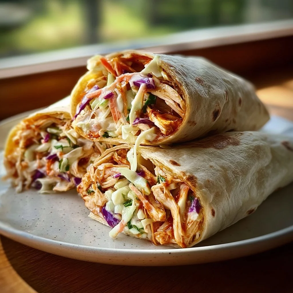 BBQ chicken wraps with coleslaw on a plate ready to serve