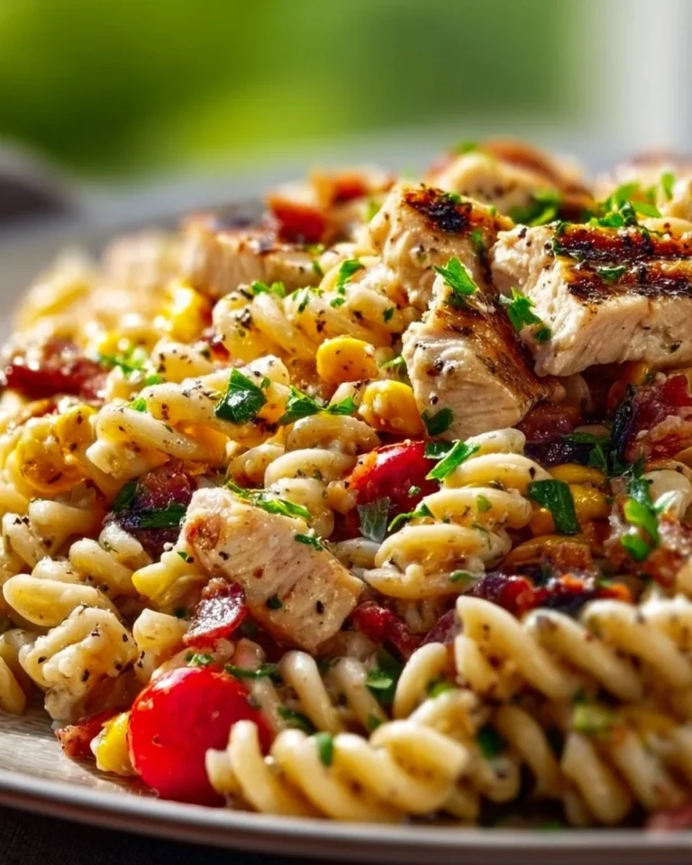 Delicious BBQ Chicken Pasta Salad with vibrant vegetables and BBQ sauce