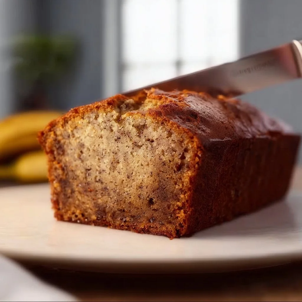Slice of moist banana bread on a wooden table with ripe bananas