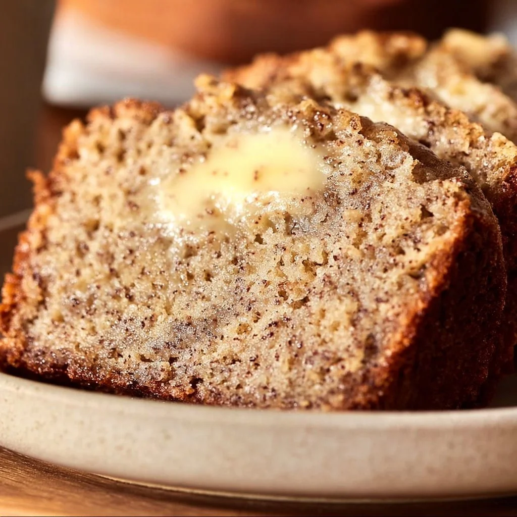 Slice of best keto banana bread on a wooden table
