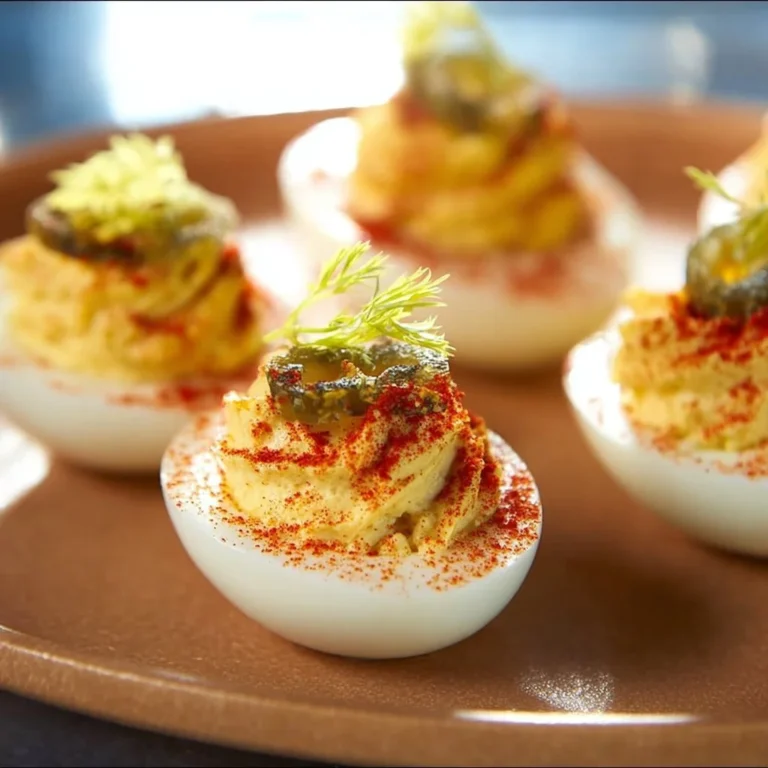 Plate of Bloody Mary Deviled Eggs garnished with herbs and spices