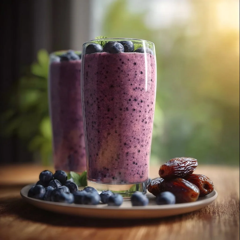 Blueberry Date Smoothie with fresh blueberries and dates in a glass