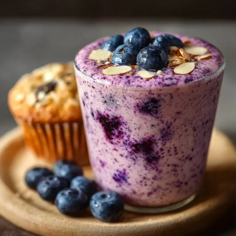A refreshing blueberry muffin smoothie in a glass with fresh blueberries on top.