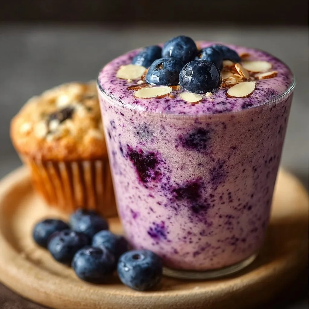 A refreshing blueberry muffin smoothie in a glass with fresh blueberries on top.