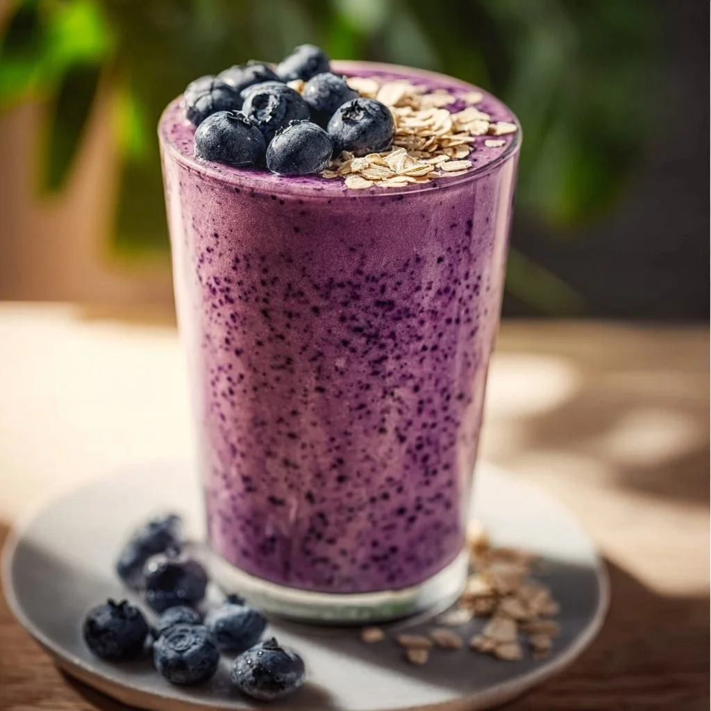 Blueberry oatmeal smoothie in a glass topped with fresh berries and oats