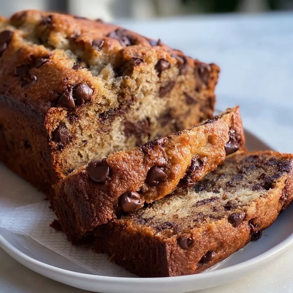 Slice of Brown Butter Chocolate Chip Banana Bread on a wooden table