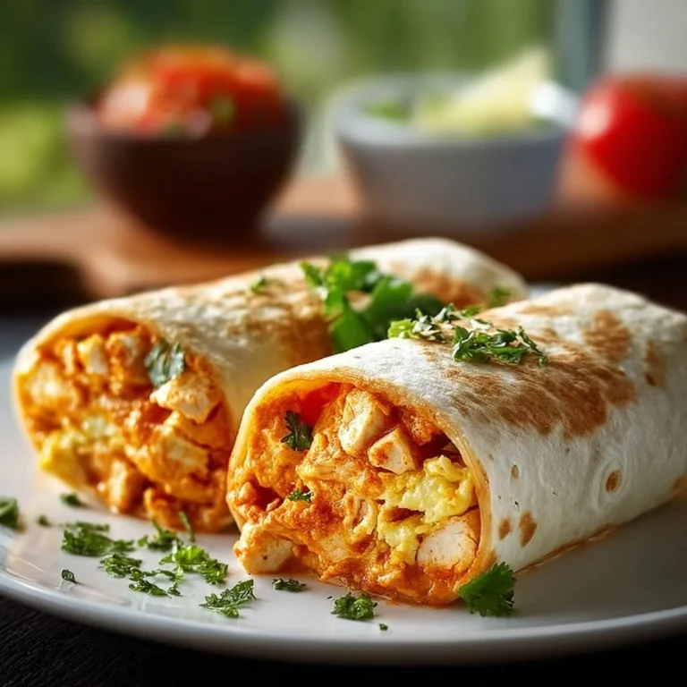 Buffalo Chicken Breakfast Burritos served on a plate with fresh ingredients