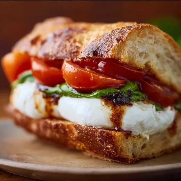 Burrata Caprese Sandwich with fresh tomatoes and basil on a rustic bread.