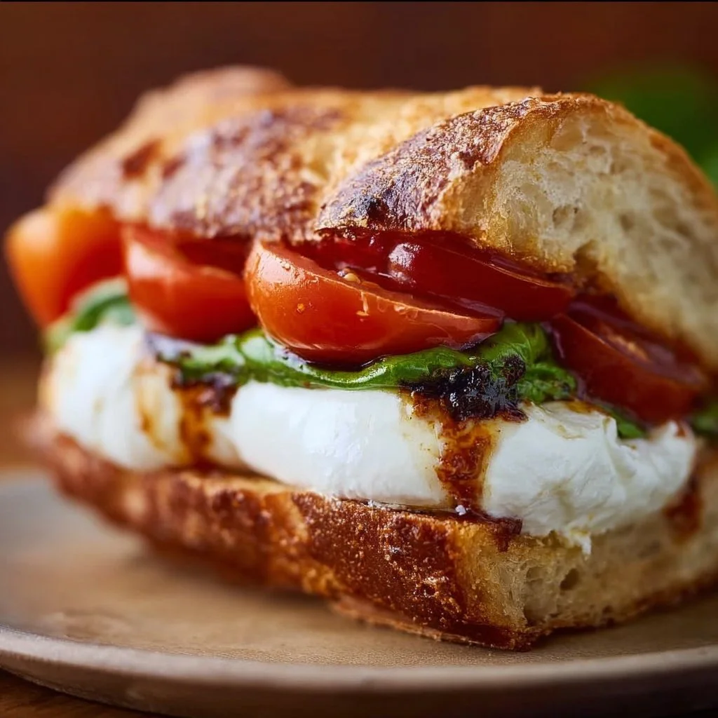 Burrata Caprese Sandwich with fresh tomatoes and basil on a rustic bread.
