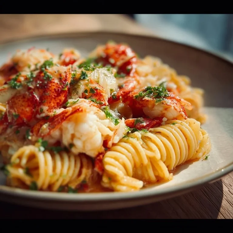 Delicious buttered lobster pasta garnished with herbs and lemon.