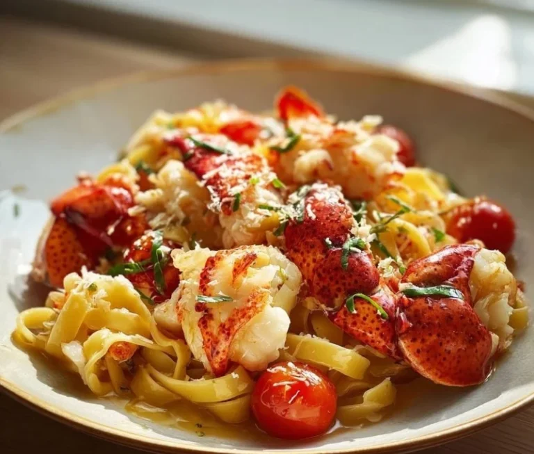 Plate of buttered lobster pasta with fresh cherry tomatoes