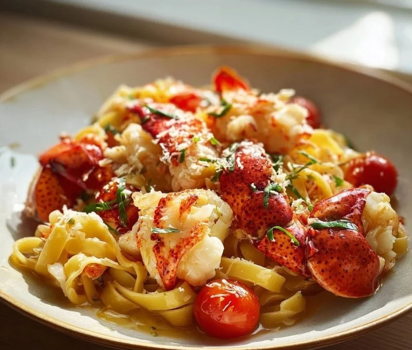 Plate of buttered lobster pasta with fresh cherry tomatoes