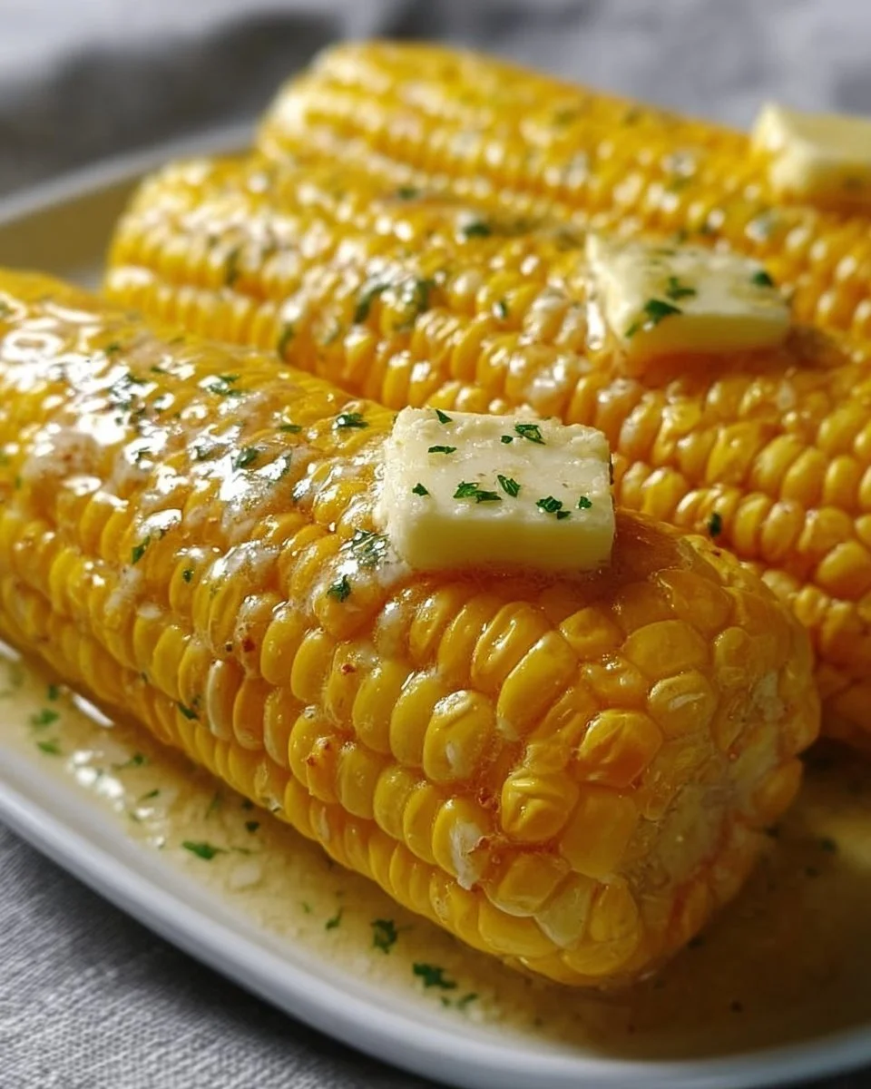 Buttery garlic corn on the cob garnished and ready to serve