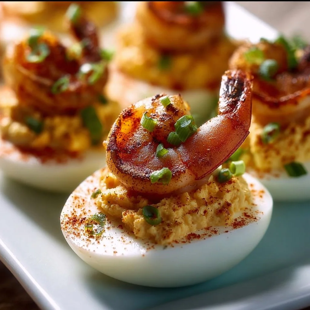 Cajun Shrimp Deviled Eggs served on a platter with garnishes