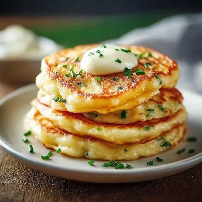 Delicious Cheese & Chive Pancakes stacked on a plate with herbs