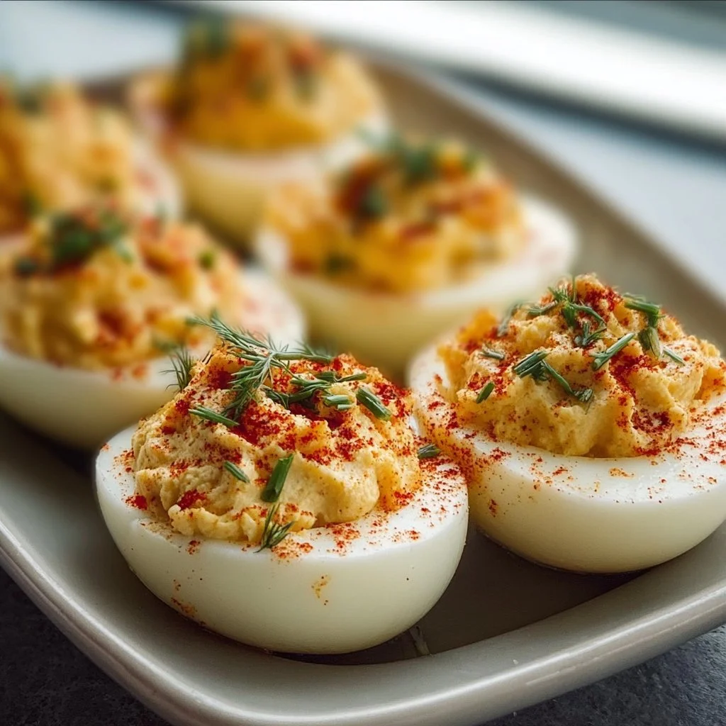 Cheesy deviled eggs served on a platter, garnished with fresh herbs.