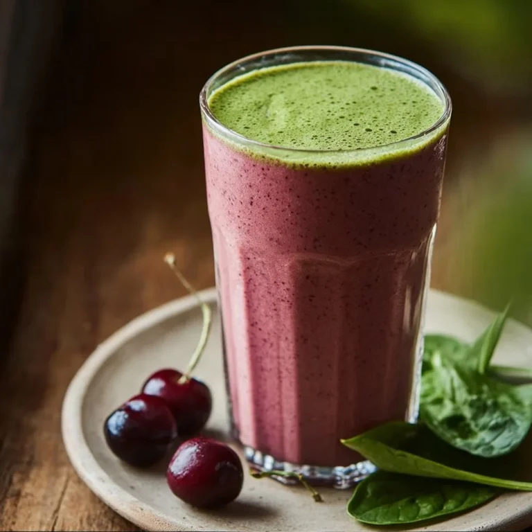 A vibrant Cherry Spinach Smoothie in a glass garnished with fresh cherries.