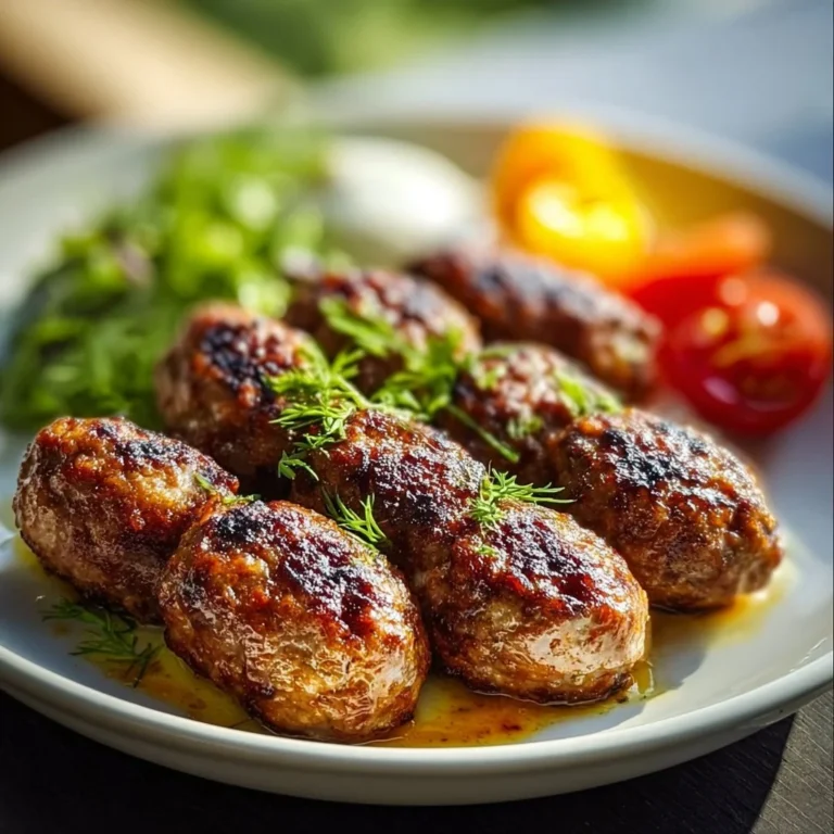 Plate of juicy chicken meatballs garnished with herbs