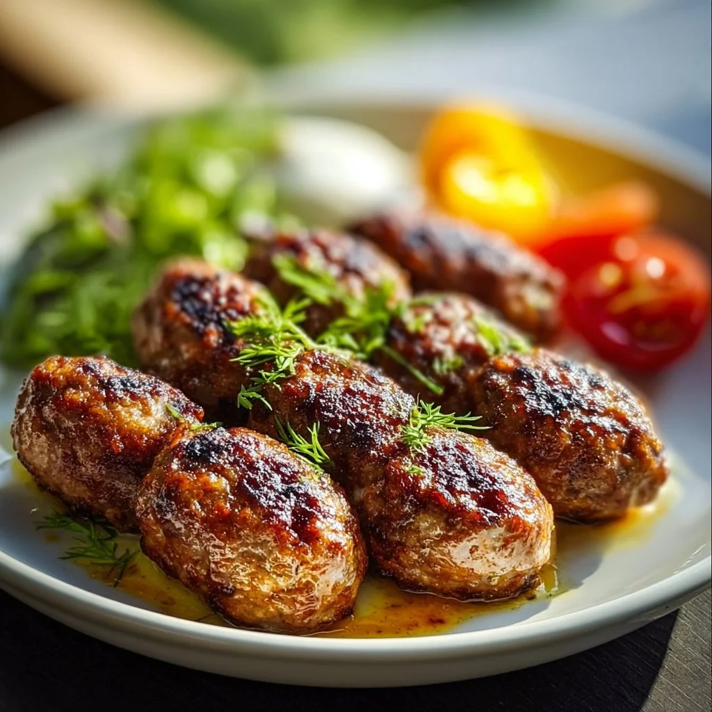 Plate of juicy chicken meatballs garnished with herbs