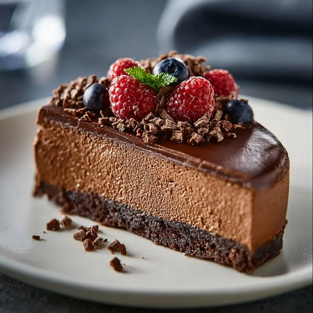 Deliciously creamy Chocolate Cheesecake topped with chocolate shavings.